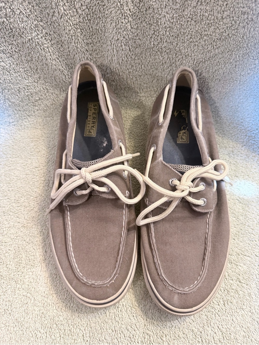 Sperry Men’s Taupe Canvas Boat Shoes with Cream Laces